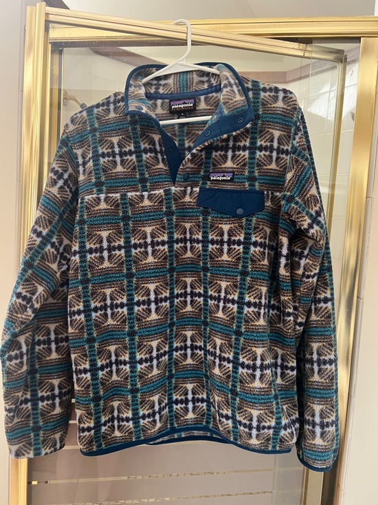 Patagonia Jackets & Blazers - Patagonia Synchilla Teal, Brown & Cream Patterned Fleece Pullover